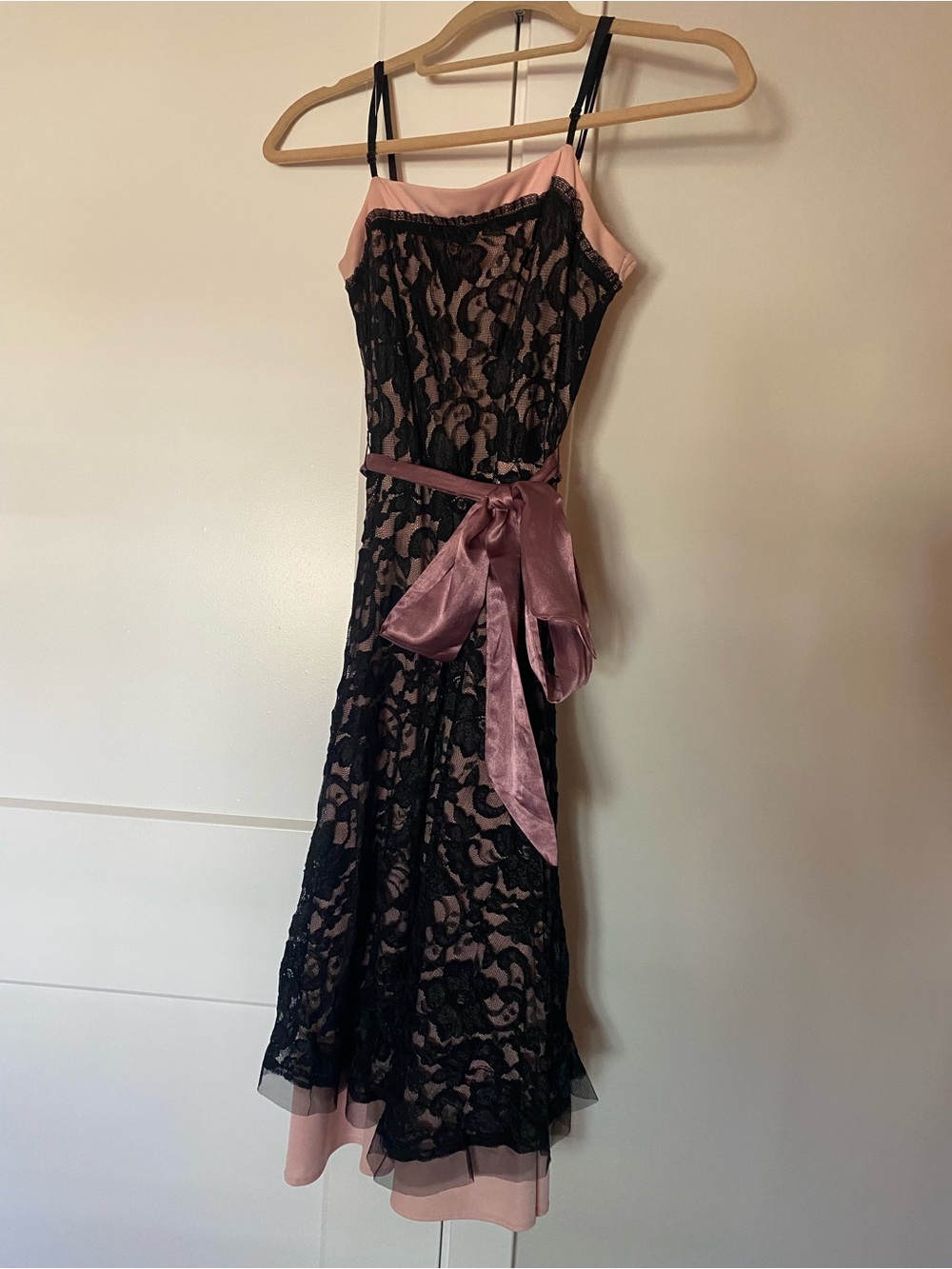 Black Lace Midi Dress w/Pink Slip and Satin Waist Tie/LN